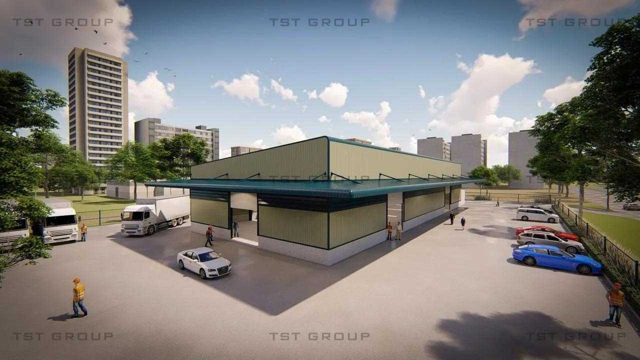 ตัวอย่างงานออกแบบอาคารเหล็กสำเร็จรูป โกดังสำเร็จรูป ระบบ PEB | TST GROUP