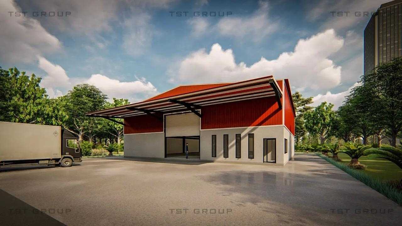 ตัวอย่างงานออกแบบอาคารเหล็กสำเร็จรูป โกดังสำเร็จรูป ระบบ PEB | TST GROUP