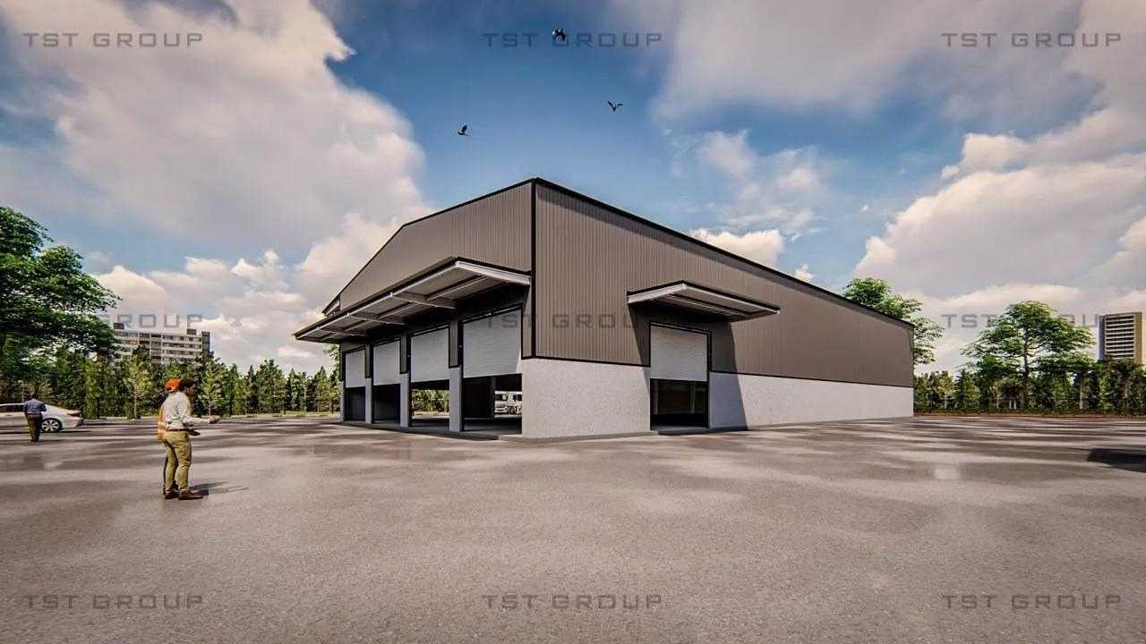 ตัวอย่างงานออกแบบอาคารเหล็กสำเร็จรูป โกดังสำเร็จรูป ระบบ PEB | TST GROUP
