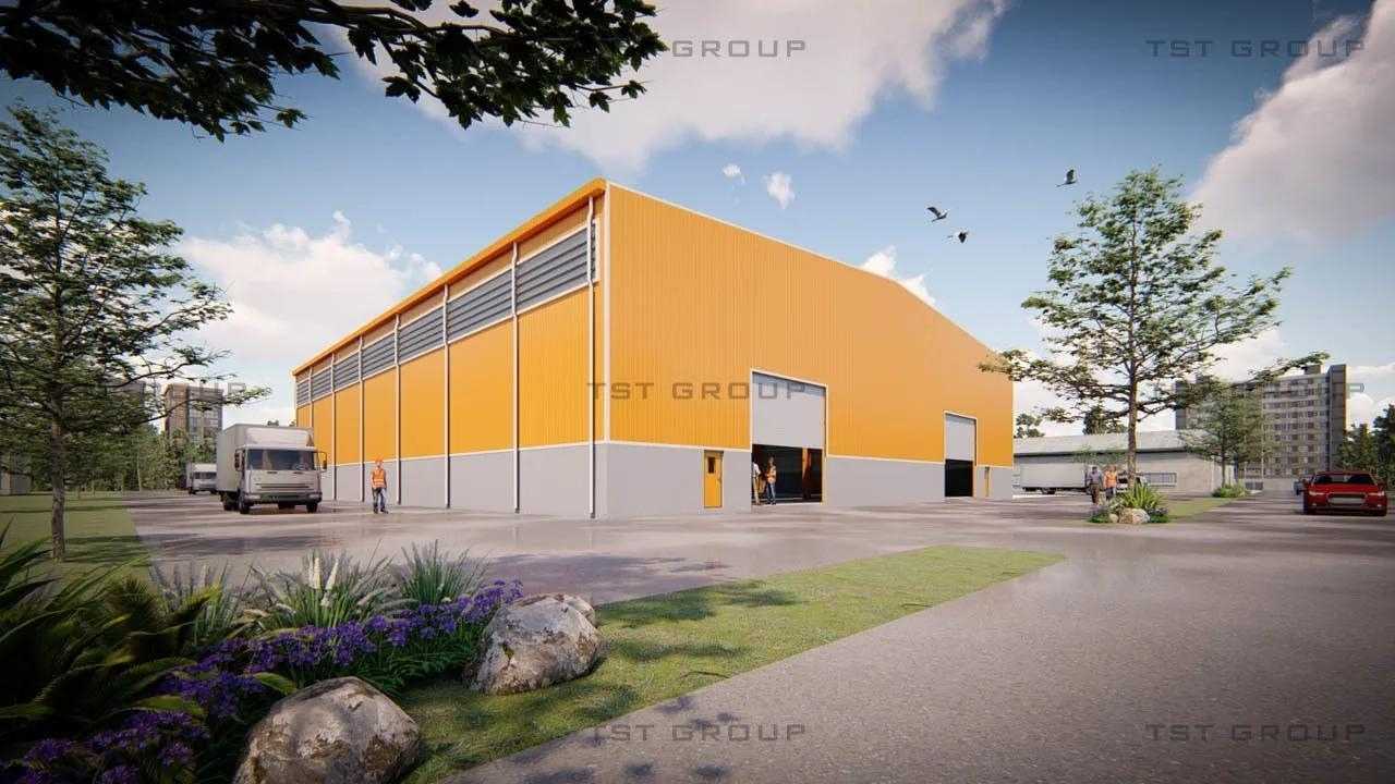 ตัวอย่างงานออกแบบอาคารเหล็กสำเร็จรูป โกดังสำเร็จรูป ระบบ PEB | TST GROUP
