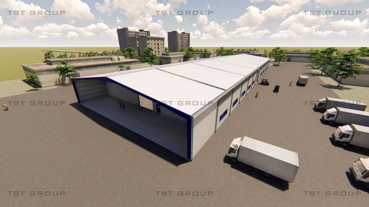 ตัวอย่างงานออกแบบอาคารเหล็กสำเร็จรูป โกดังสำเร็จรูป ระบบ PEB | TST GROUP