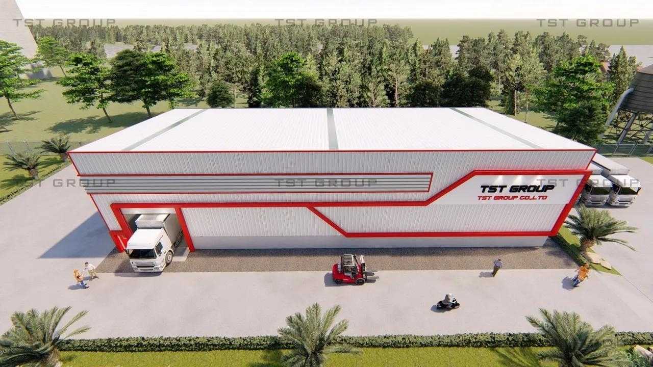 ตัวอย่างงานออกแบบอาคารเหล็กสำเร็จรูป โกดังสำเร็จรูป ระบบ PEB | TST GROUP