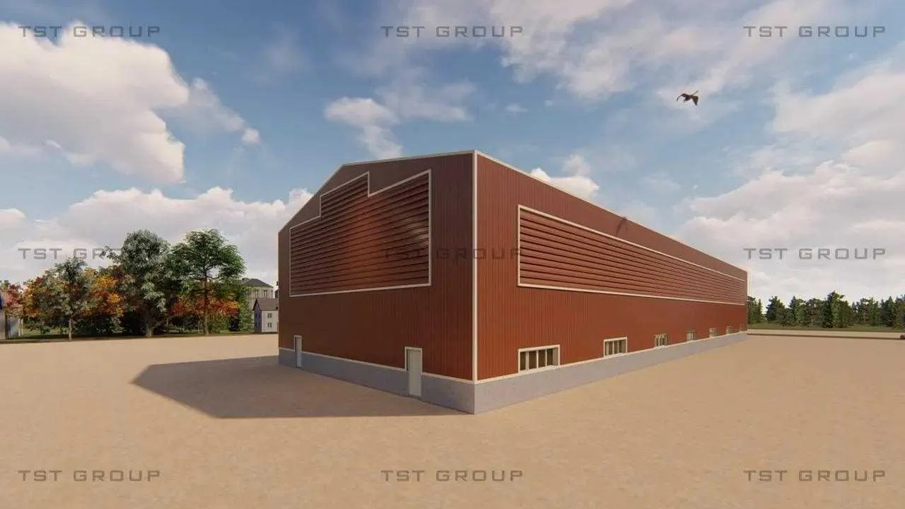 ตัวอย่างงานออกแบบอาคารเหล็กสำเร็จรูป โกดังสำเร็จรูป ระบบ PEB | TST GROUP