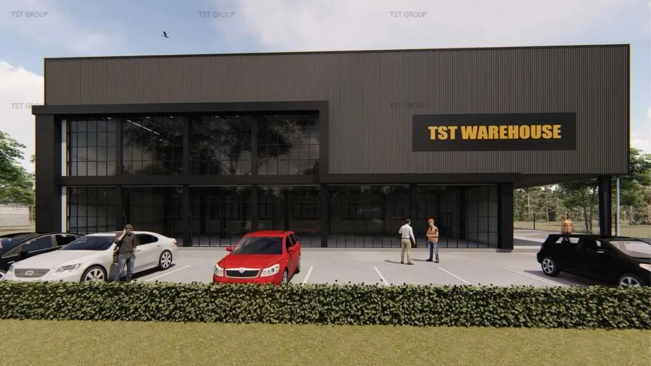 ตัวอย่างงานออกแบบอาคารเหล็กสำเร็จรูป โกดังสำเร็จรูป ระบบ PEB | TST GROUP