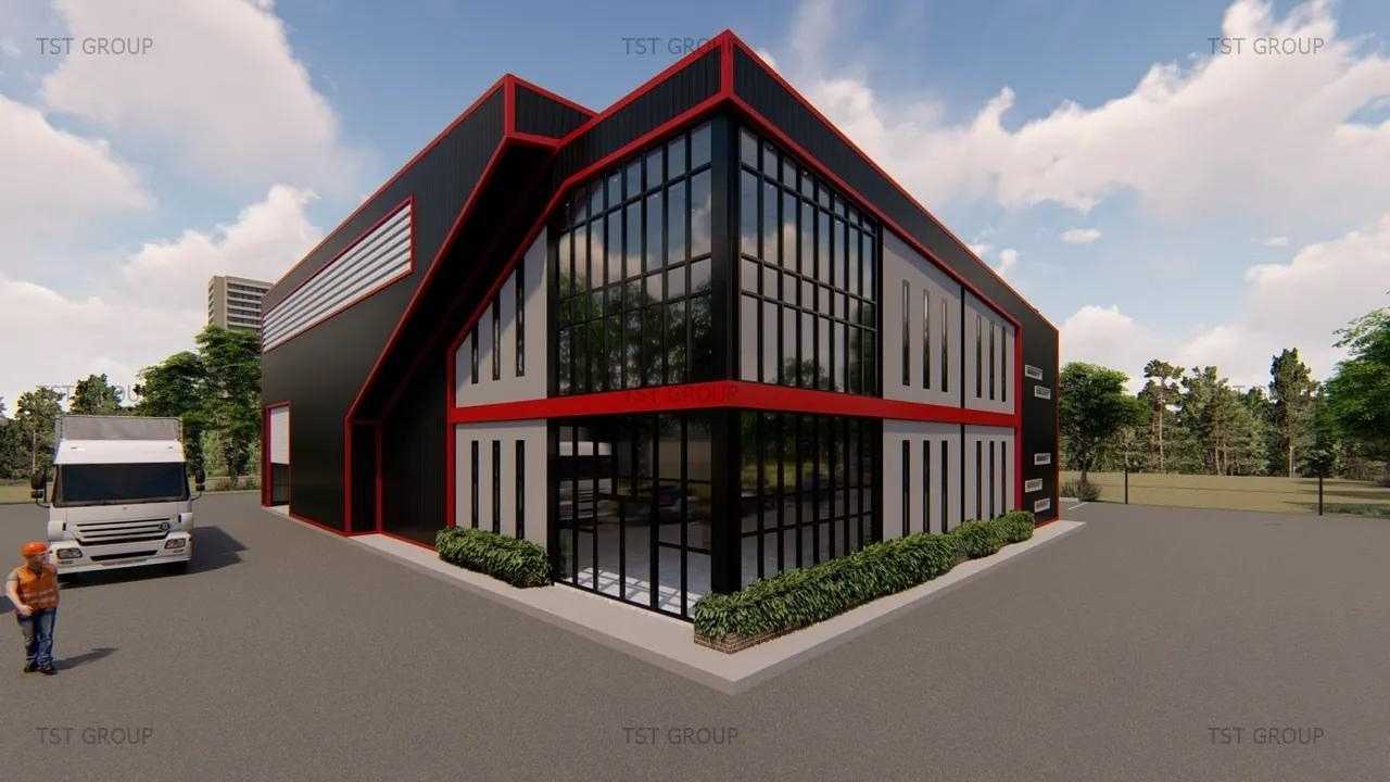ตัวอย่างงานออกแบบอาคารเหล็กสำเร็จรูป โกดังสำเร็จรูป ระบบ PEB | TST GROUP