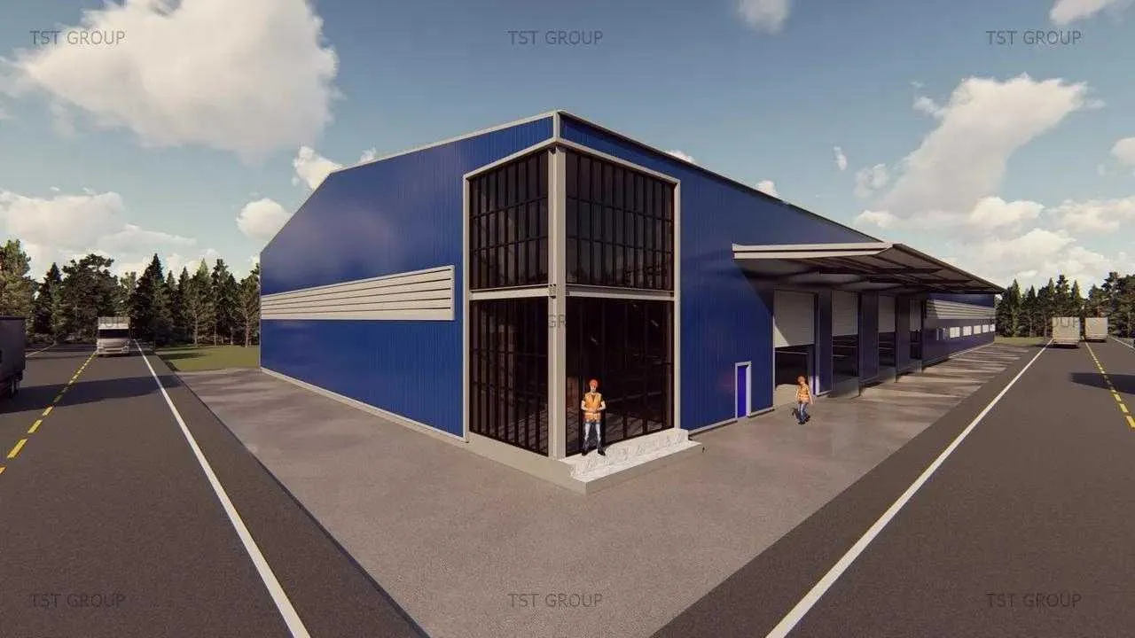 ตัวอย่างงานออกแบบอาคารเหล็กสำเร็จรูป โกดังสำเร็จรูป ระบบ PEB | TST GROUP