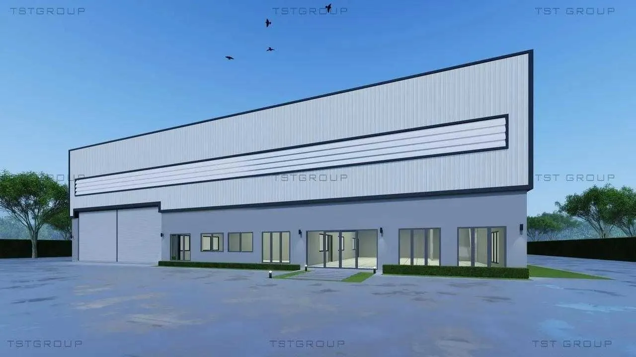 ตัวอย่างงานออกแบบอาคารเหล็กสำเร็จรูป โกดังสำเร็จรูป ระบบ PEB | TST GROUP