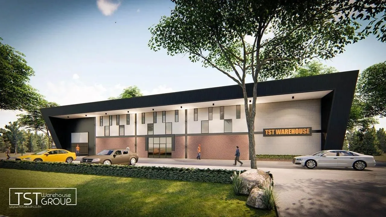 Model : TST-02, ตัวอย่างงานออกแบบอาคารเหล็กสำเร็จรูป โกดังสำเร็จรูป ระบบ PEB | TST GROUP
