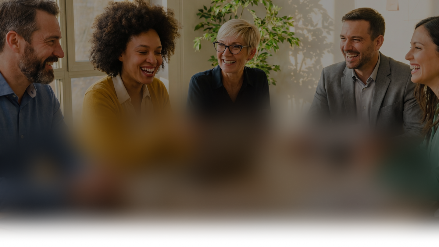 Five diverse business people sitting together, smiling and laughing in a bright office.
