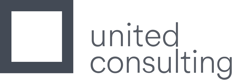 United Consulting logo with a dark square outline and smaller white square inside, next to the lowercase text 'united consulting'.