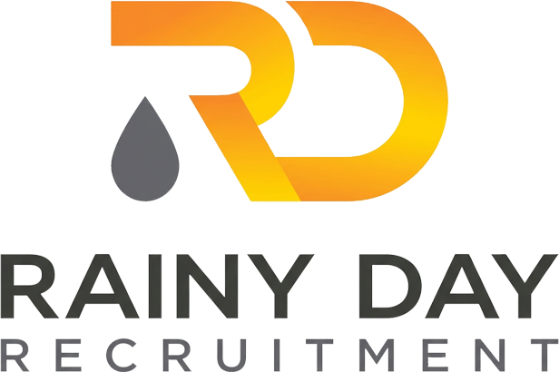 Orange and yellow gradient stylized RD letters with a gray raindrop above the text Rainy Day Recruitment.