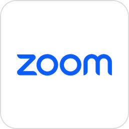 Zoom app icon with blue text on black background.