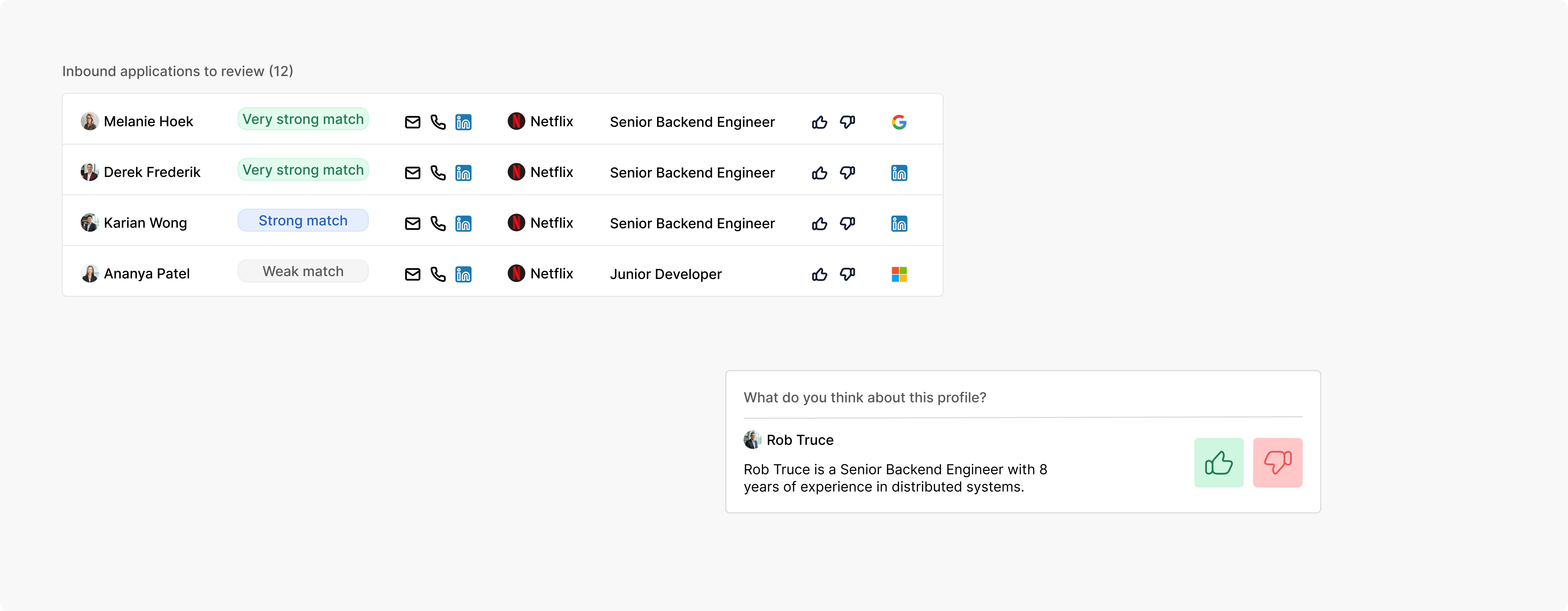 List of inbound job applications showing four candidates with match strength labels, contact icons, Netflix company logo, job titles, and a feedback section for Rob Truce, Senior Backend Engineer with 8 years experience.