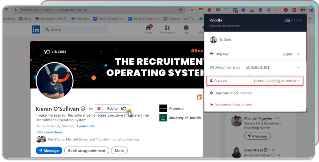 Vincere Velocity Third Party Linkedin Sourcing Integration Chrome
