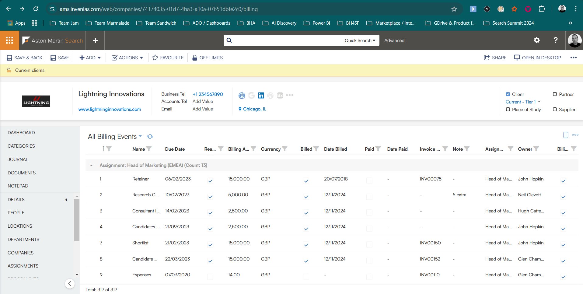 Invenias user interface 2025