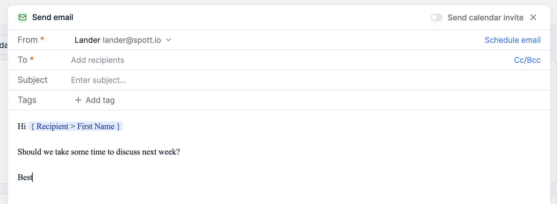 Spott email composer showing a personalized default font family and size applied to the draft body