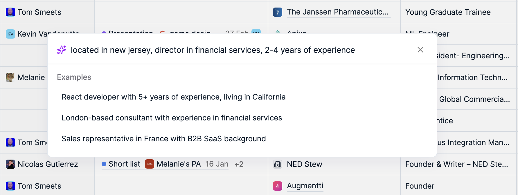 Spott AI text-to-filters turning a plain-language query into candidate filters, with example searches