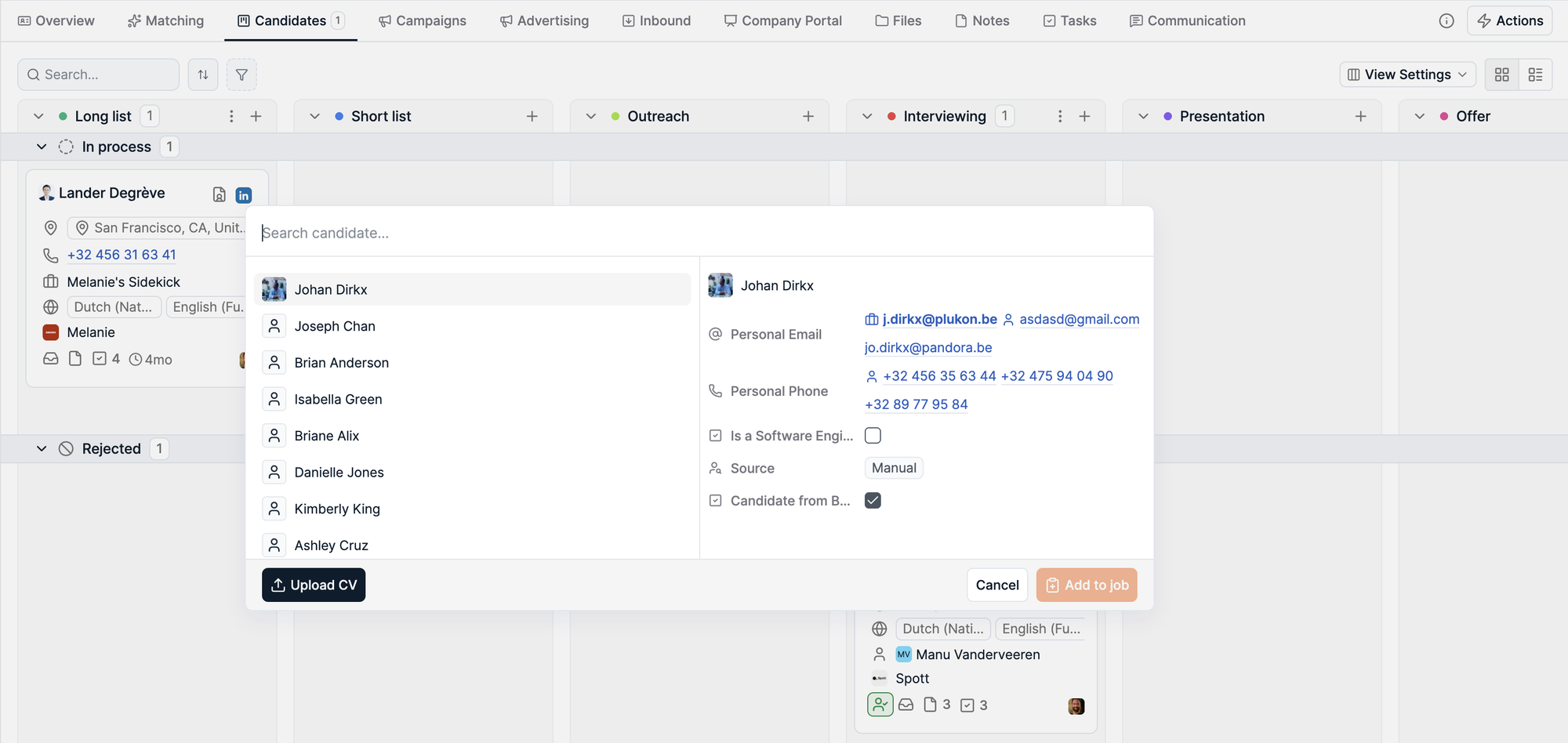 Spott Add-to-job dialog using the enhanced Global Search format, with contextual details like email and phone to tell apart candidates with similar names