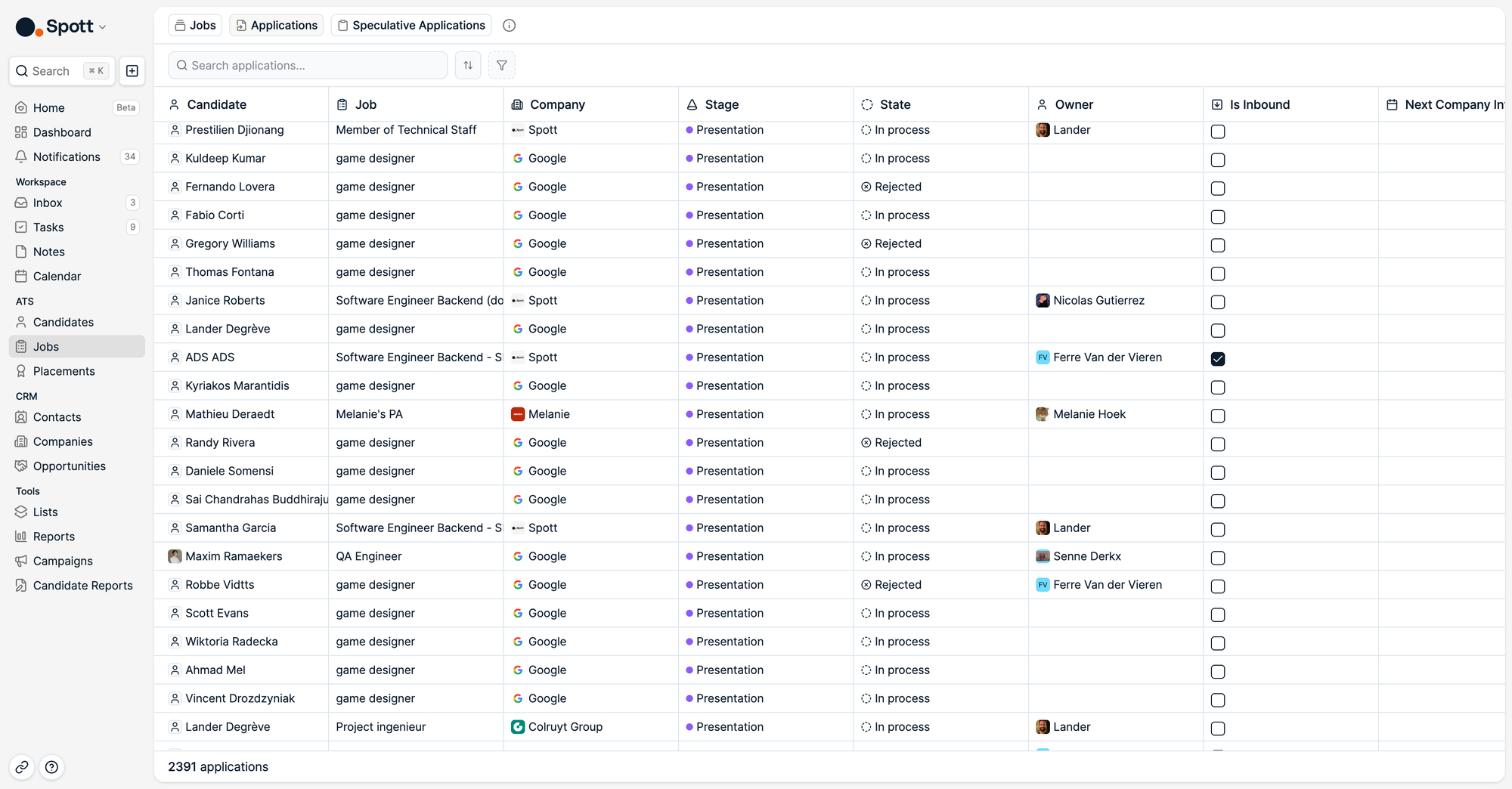 Spott Application View listing every job application in one table with candidate, job, company, stage, and owner columns
