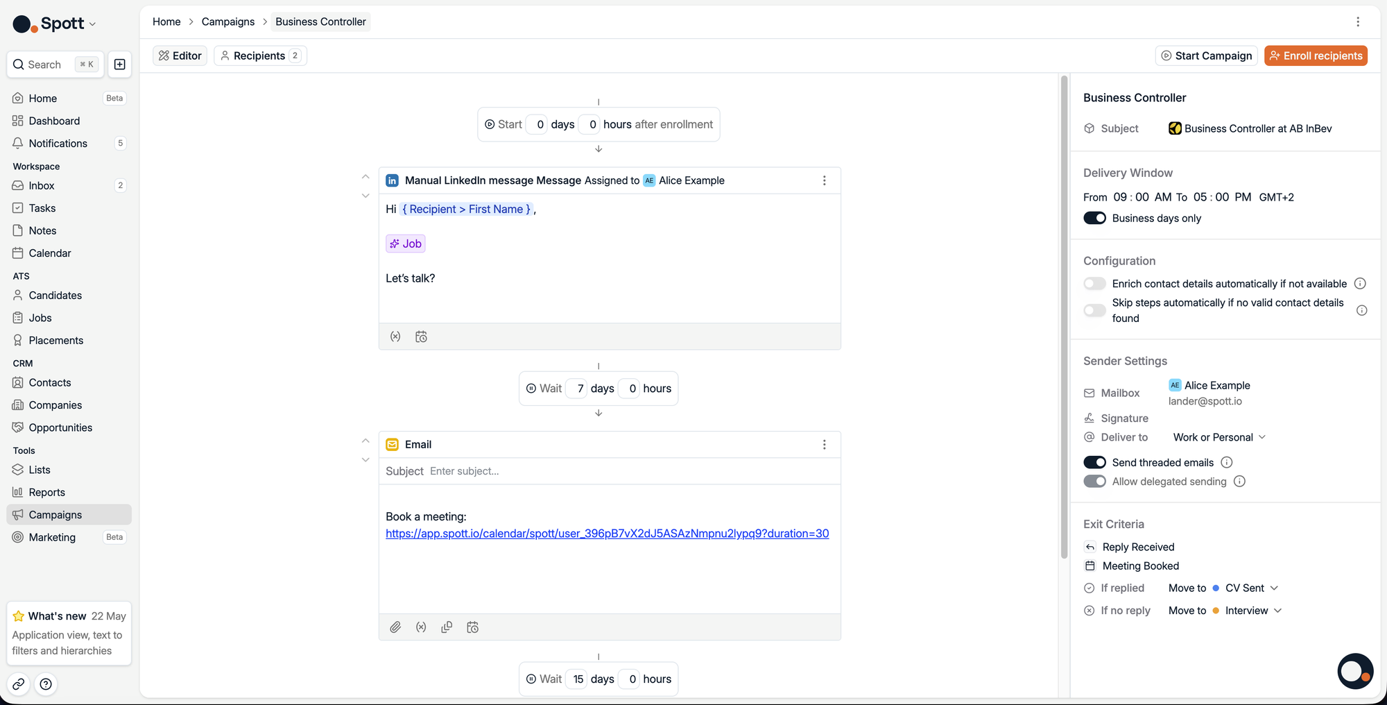 Spott campaign editor for a Business Controller role, showing a LinkedIn message step and an email step that books a meeting, with wait steps, a delivery window, sender settings, and exit criteria like Reply received and Meeting booked