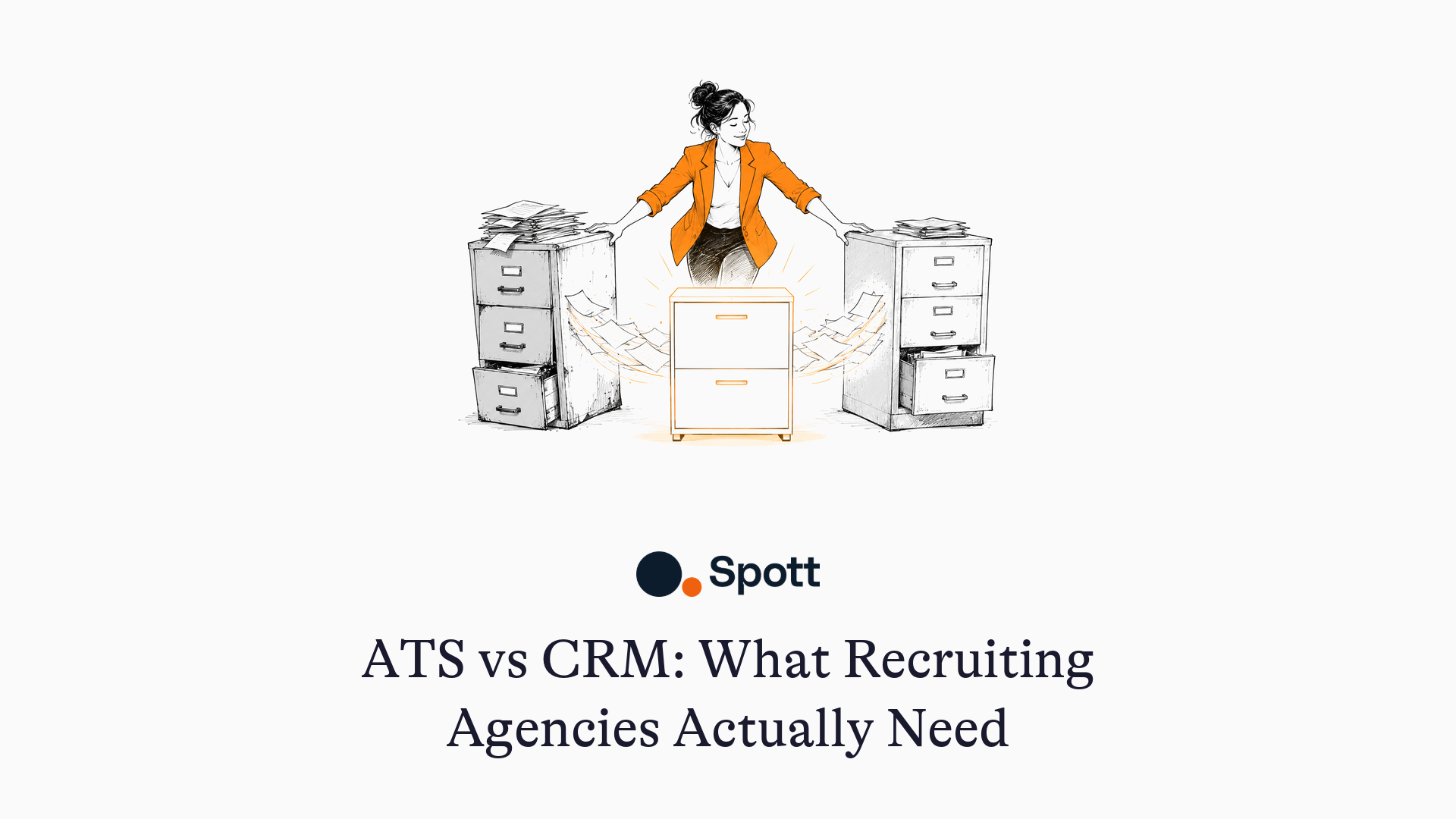 ATS vs CRM - hand-drawn illustration of a recruiter merging two filing cabinets into one
