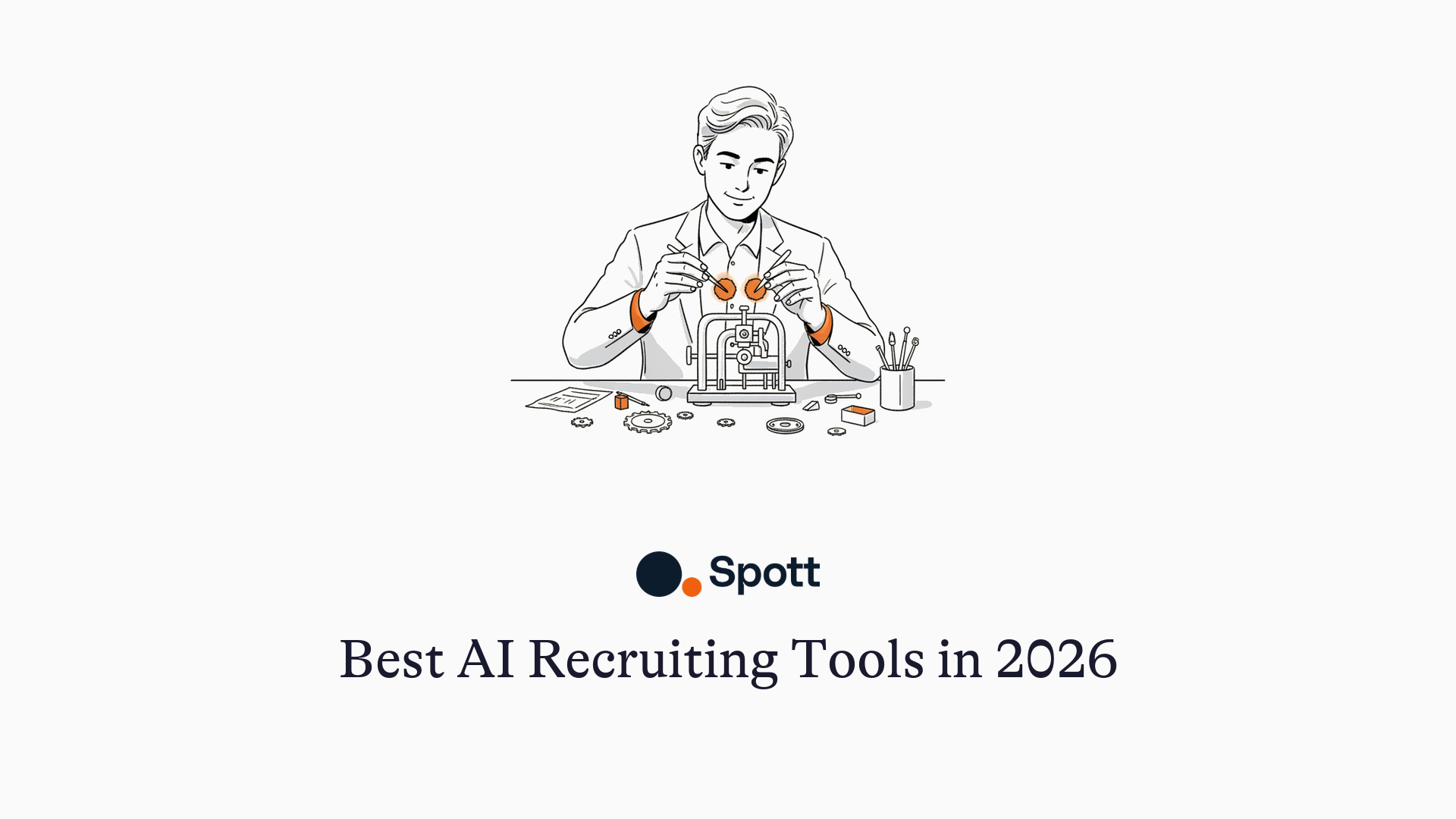 Best AI Recruiting Tools in 2026 - illustration of a recruiter assembling a machine from glowing components at a workbench