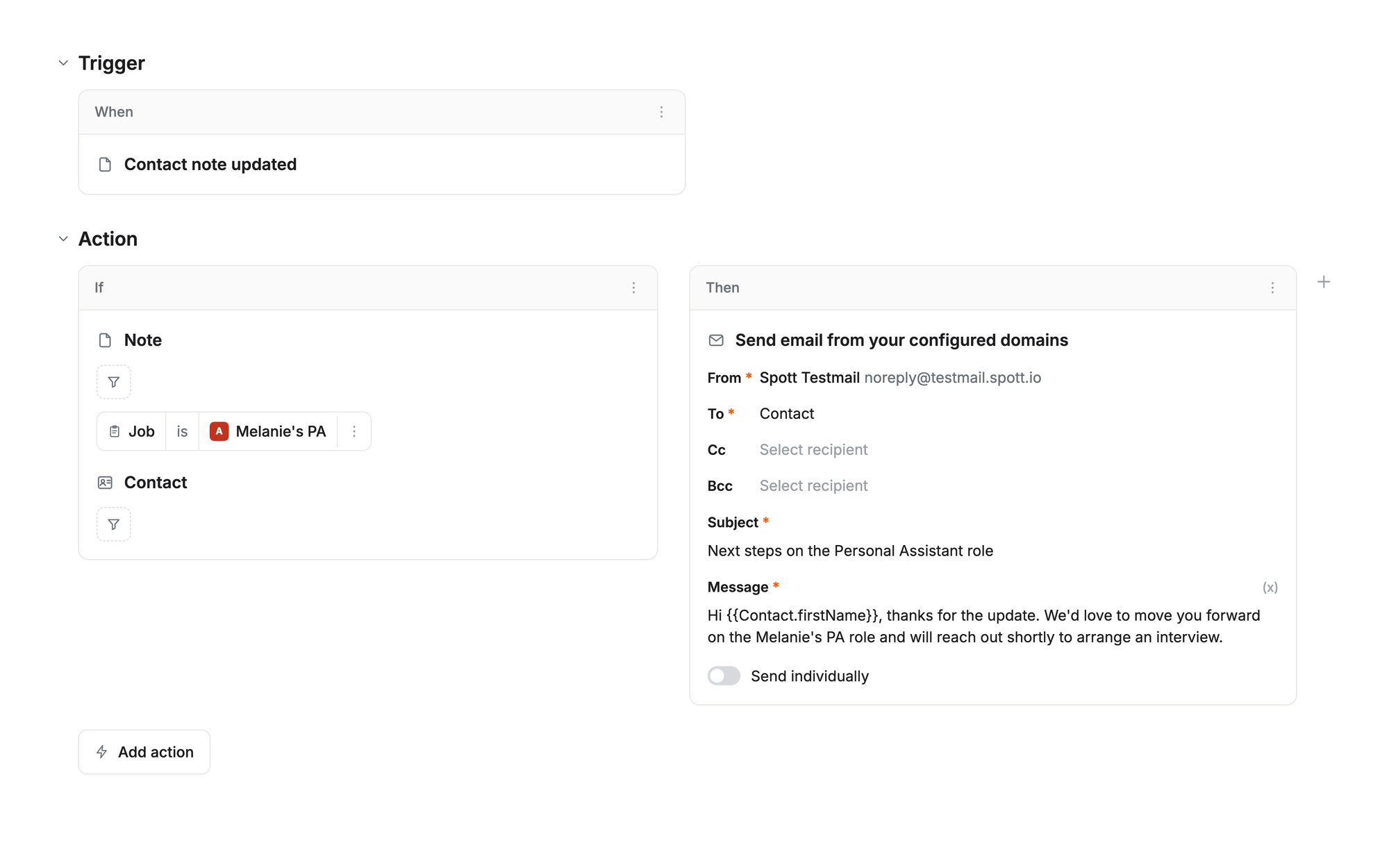 Spott automation builder with a Contact note updated trigger and an if-then action that sends a configured-domain email when a note matches