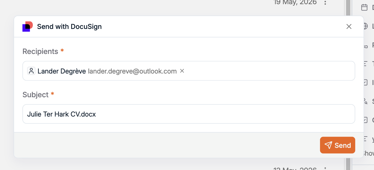 Send with DocuSign dialog in Spott with a recipient, a CV document as the subject and a Send button
