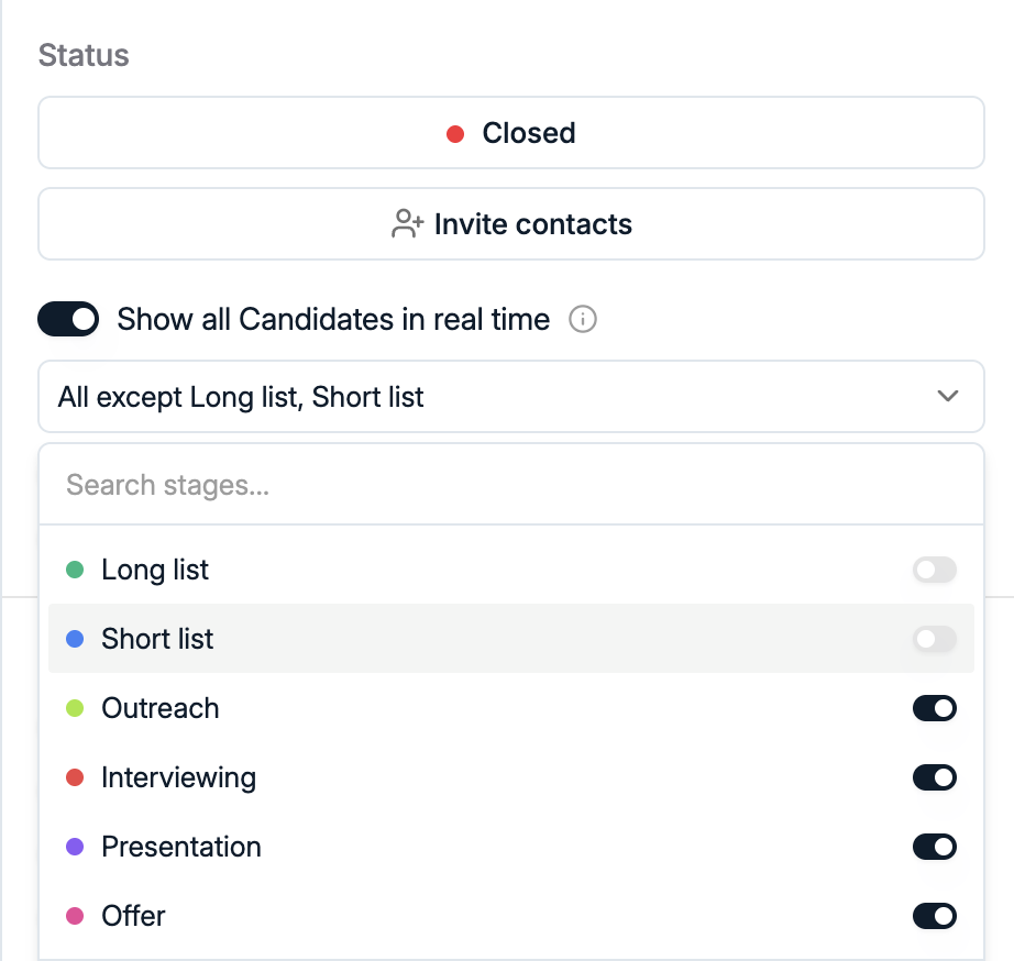 Spott Company Portal settings with a Show all Candidates in real time toggle and per-stage switches for long list, short list, outreach, interviewing, presentation and offer