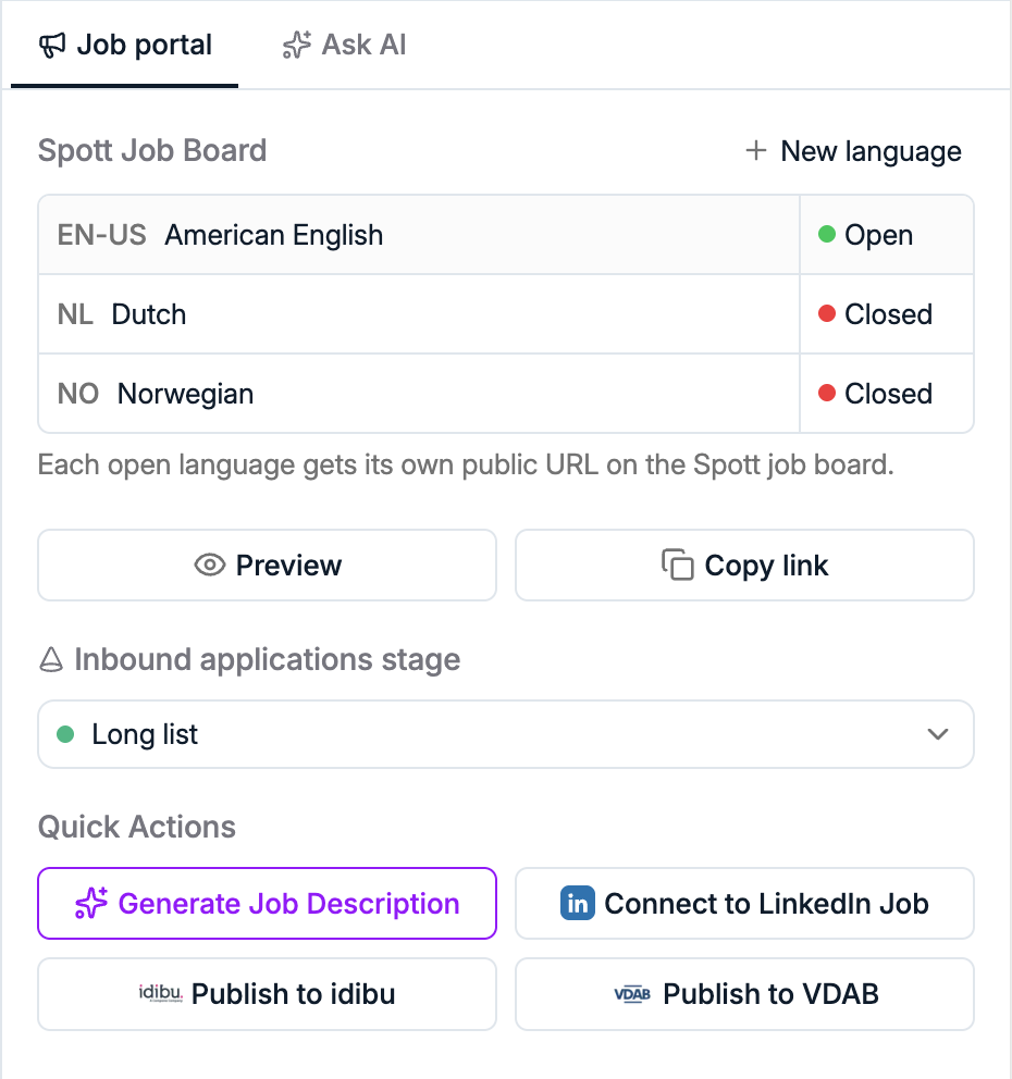 Spott job portal panel listing job board languages with American English open, Dutch and Norwegian closed, and a New language button