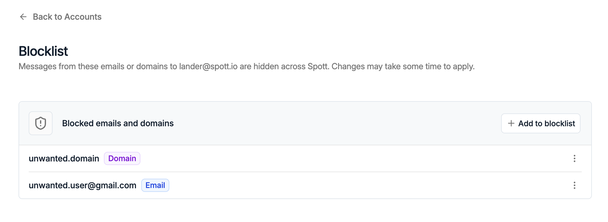 Spott blocklist settings page listing a blocked domain and a blocked email address with an Add to blocklist button