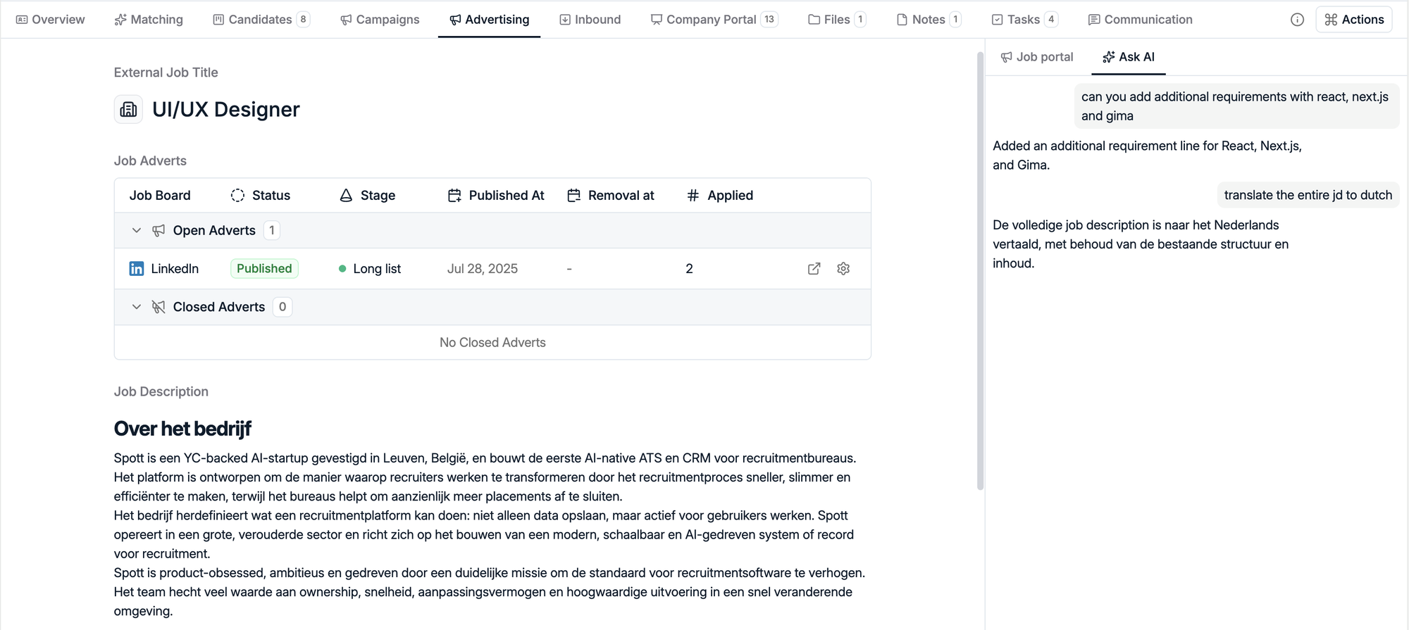 Spott Advertising tab with the Ask AI panel refining a job description, adding requirements and translating the description to Dutch