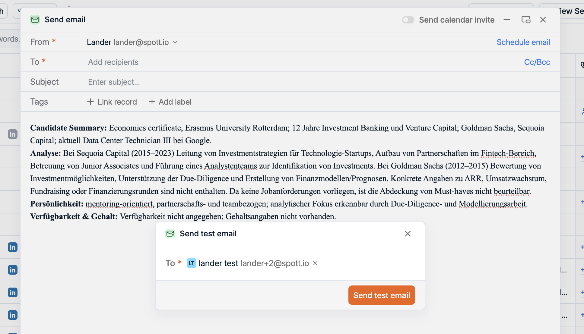 Send test email popover in the Spott email composer with a test recipient filled in and a Send test email button