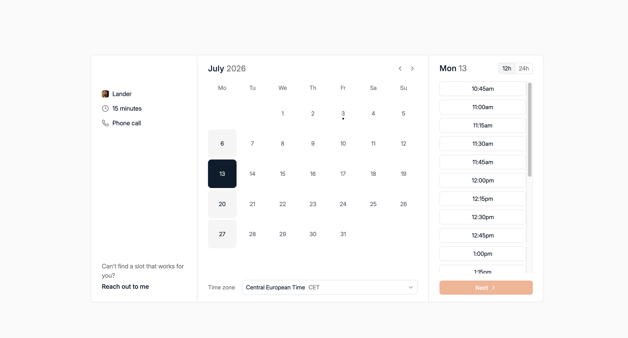 Spott public booking page showing a 15-minute phone call booking type with a July calendar and available time slots