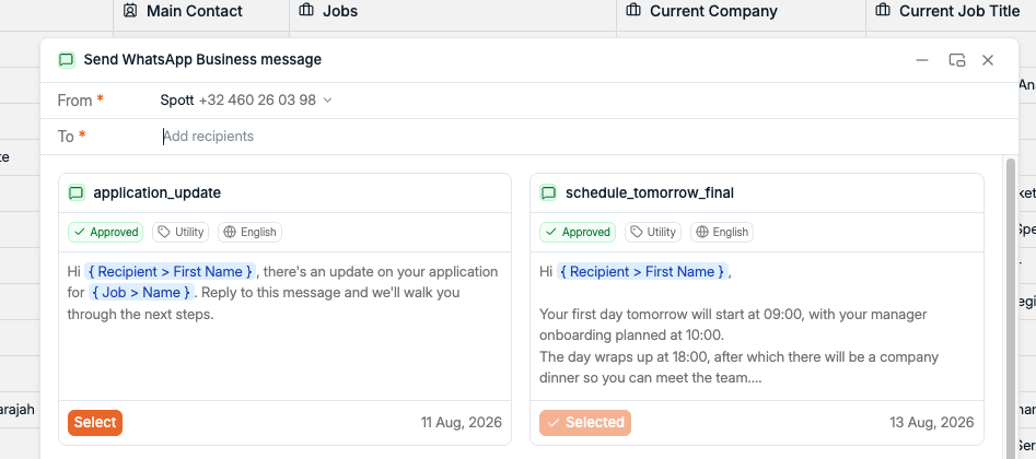 Send WhatsApp Business message dialog in Spott with two approved message templates using recipient and job variables