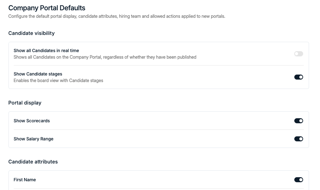 Company Portal Defaults settings in Spott with toggles for candidate visibility, scorecards, salary range and candidate attributes