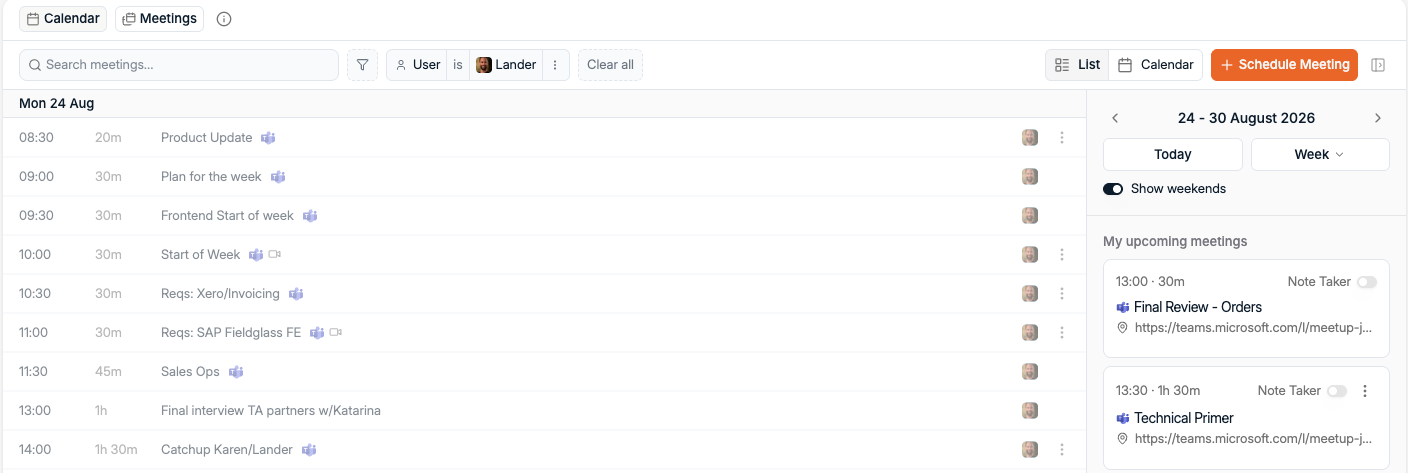 Refreshed Spott calendar in list view showing a week of meetings, with upcoming meetings and note taker toggles in the side panel