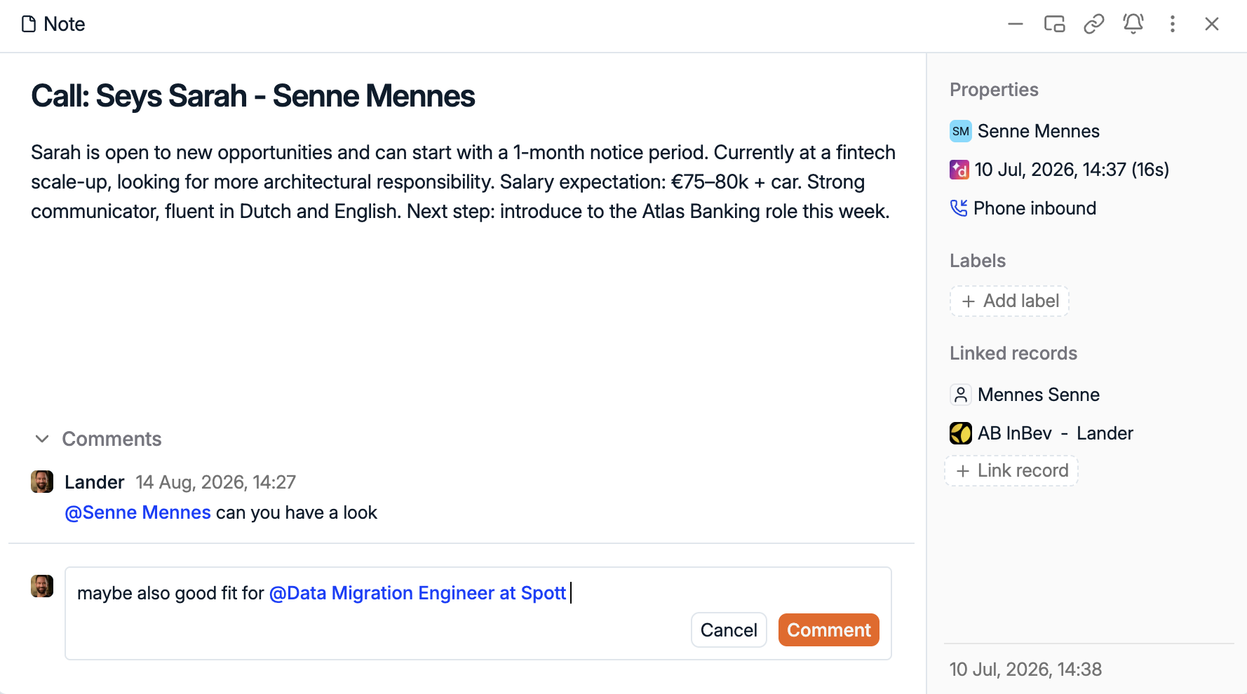 Comment thread under a call note in Spott, with a teammate @mentioned and a reply suggesting the candidate for another job