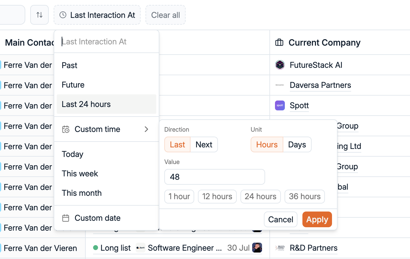 Relative date filter in Spott set on Last Interaction At, with quick options like last 24 hours and a custom time builder for the last 48 hours