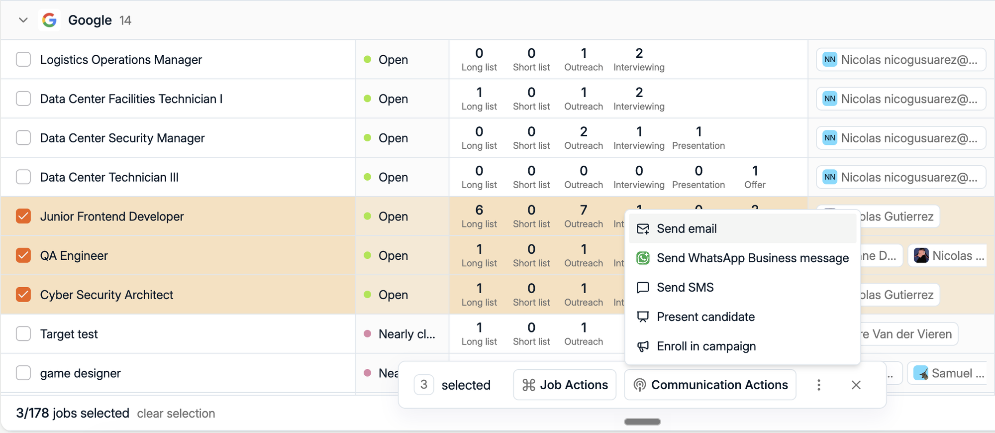 Three jobs selected in the Spott Jobs table with a Communication Actions menu offering send email, WhatsApp Business message, SMS, present candidate and enroll in campaign