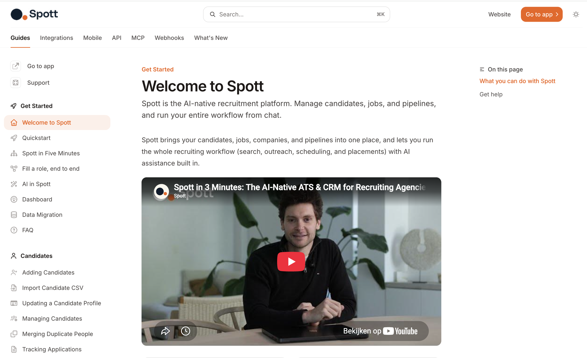 New Spott documentation homepage at docs.spott.io with Getting Started guides in the sidebar and a product intro video