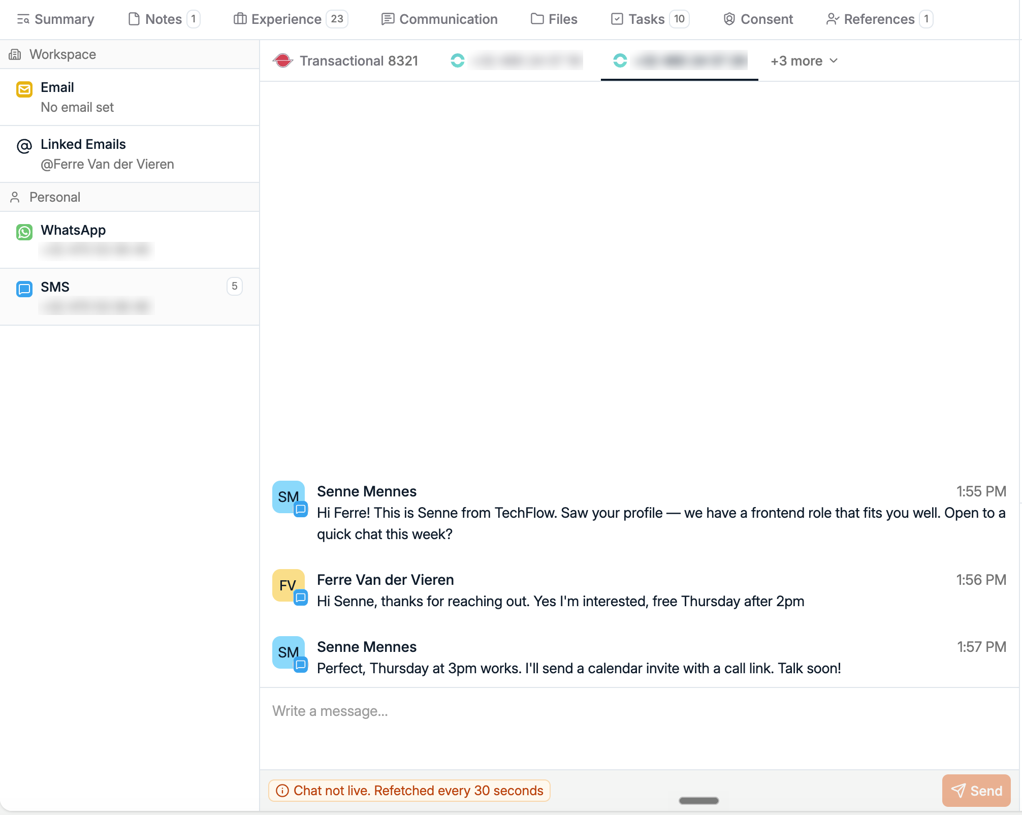 Spott communication tab showing an SMS conversation between a recruiter and a candidate, with WhatsApp and SMS channels listed in the left sidebar
