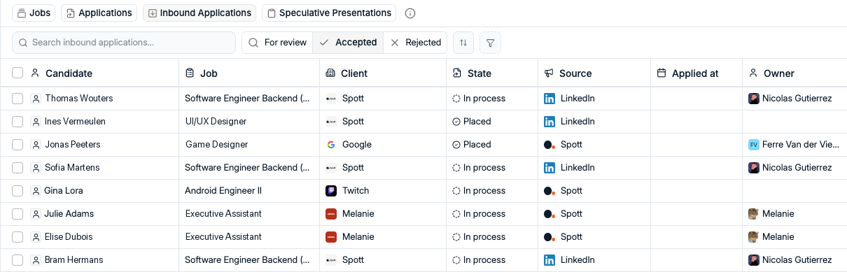 Spott Inbound Applications view listing applicants across several Jobs with client, state, source and owner columns, and For review, Accepted and Rejected tabs