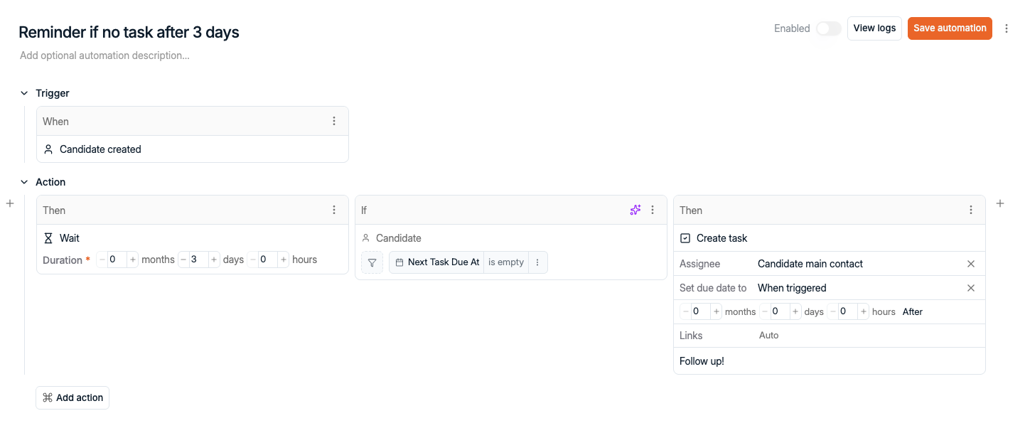 Spott automation builder with a Candidate created trigger, a three-day Wait step, a check on whether the next task due date is empty, and a Create task action