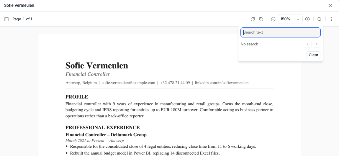 Upgraded Spott file viewer previewing a candidate CV with the in-document text search open