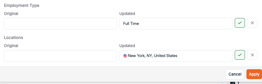 AI Job suggestions in Spott showing original and updated values for Employment Type and Locations, each with accept and reject buttons