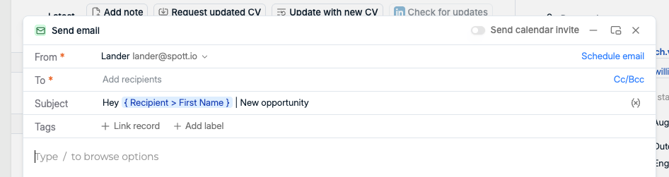 Spott Send email dialog with a recipient first name variable inside the subject line