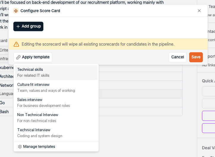 Configure Score Card dialog in Spott with the Apply template menu open, listing saved Scorecard templates and a Manage templates option