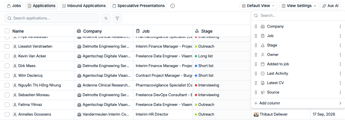 Spott Applications table with the View Settings panel open, showing reorderable columns such as Company, Job, Stage, Owner, Last Activity and Source
