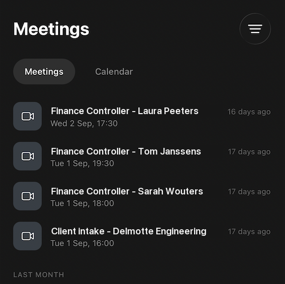 Meetings screen in the Spott mobile app listing recent candidate interviews and a client intake call with dates and times, with a Calendar tab alongside